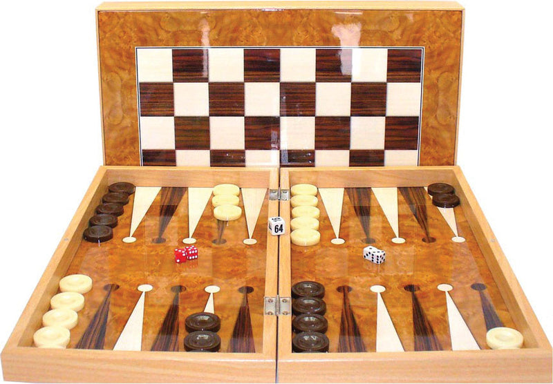 Backgammon: Burlwood Style Decoupage Backgammon with Chessboard Back 19in
