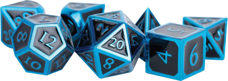 16mm Metal Polyhedral Dice Set: Blue with Black Enamel