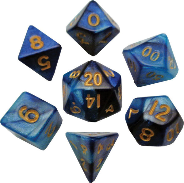 Mini Polyhedral Dice Set: Dark Blue/Light Blue with Gold Numbers