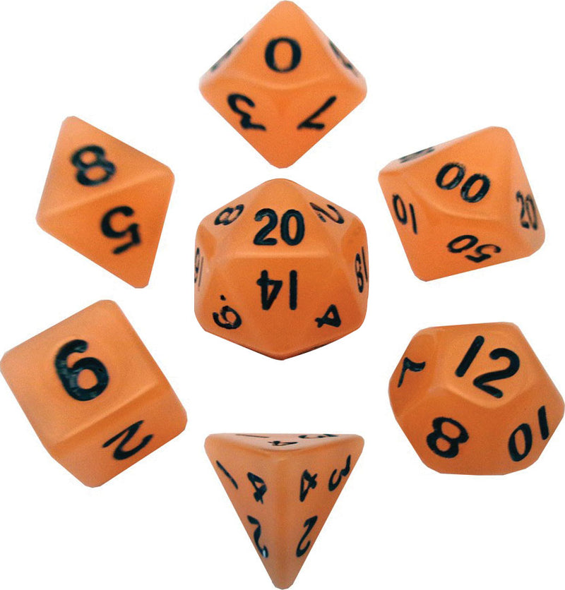 Mini Polyhedral Dice Set: Glow Orange with Black Numbers