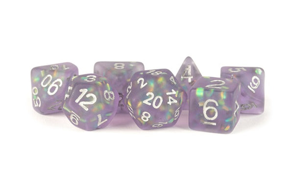 Icy Opal Resin: 16mm Dice Poly Set Purple/Silver Numbers (7)