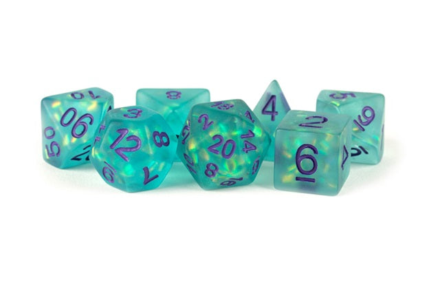 Icy Opal Resin: 16mm Dice Poly Set Teal/Purple Numbers (7)