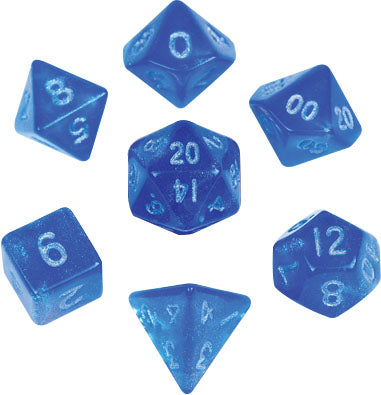 10mm Mini Stardust Acrylic Poly Dice Set: Blue w/ Silver Numbers (7)