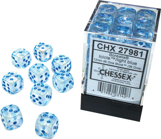 Borealis: 12mm d6 Icicle/light blue Luminary Dice Block (36 dice)