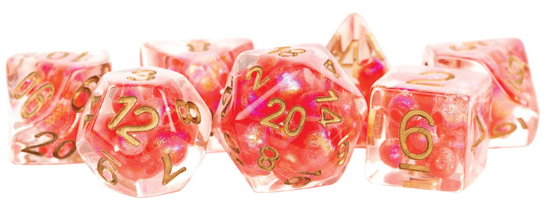 16mm Resin Poly Dice Set: Pearl Red with Copper Numbers (7)