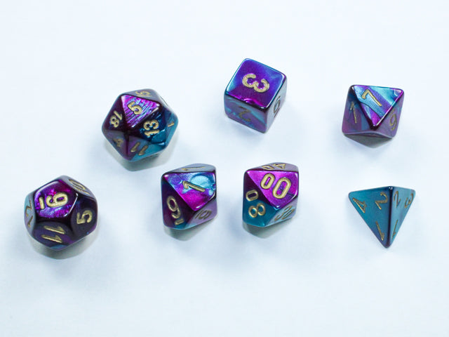 Gemini: Mini-Polyhedral Purple-Teal/gold 7-Die Set