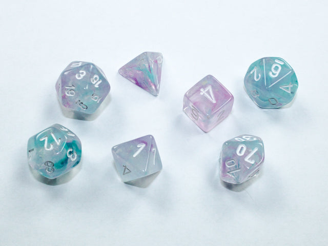 Nebula: Mini-Polyhedral Wisteria/white 7-Die set