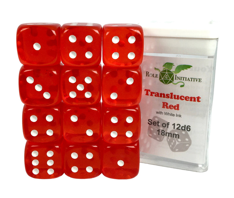 D6 Dice Set: Translucent Red w/ White - Set of 12d6 (18mm)