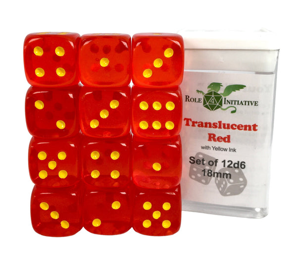 D6 Dice Set: Translucent Red w/ Yellow - Set of 12d6 (18mm)