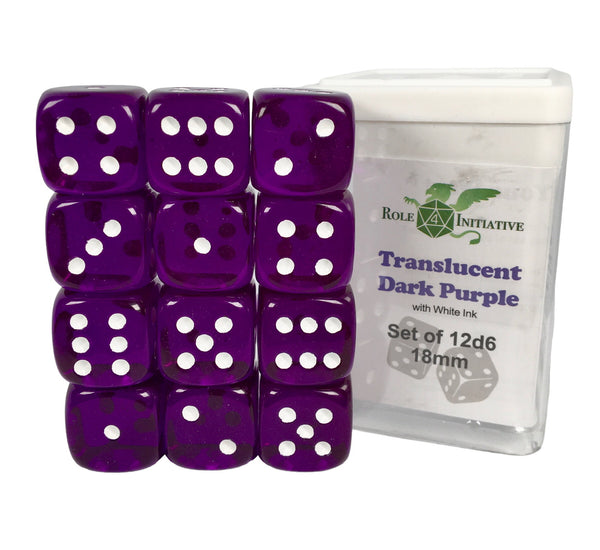 D6 Dice Set: Translucent Dark Purple w/ White - Set of 12d6 (18mm)