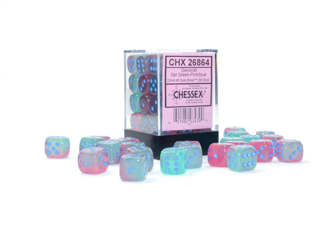 Gemini: 12mm d6 Gel Green-Pink/blue Luminary Dice Block (36 dice) from Chessex image 1