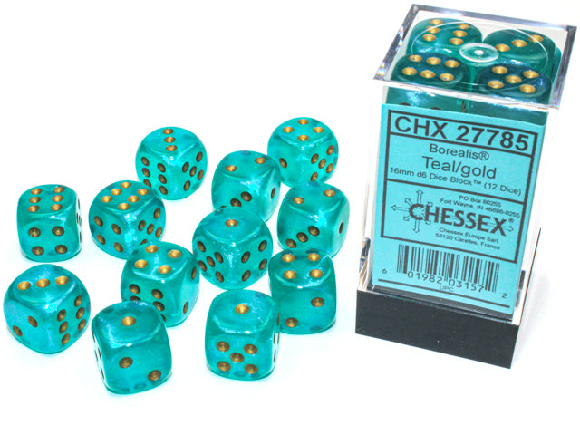 Borealis: 16mm d6 Teal/gold Luminary Dice Block (12 dice) from Chessex image 1