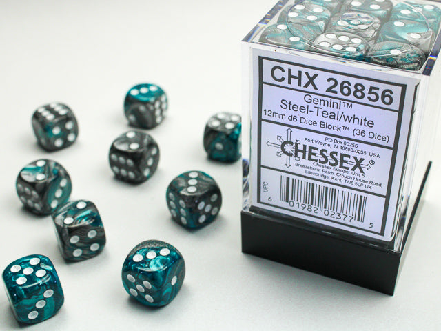 Gemini 6: 12mm D6 Steel Teal/White (36) from Chessex image 1