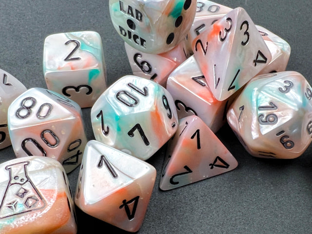 Lab Dice 6 Lustrous: Poly Sea Shell/black Luminary 7-Die Set (with bonus die) from Chessex image 5