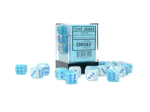Gemini: 12mm d6 Pearl Turquoise-White/blue Luminary Dice Block (36 dice) from Chessex image 1