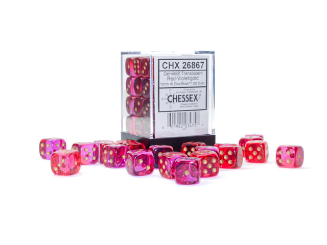 Gemini: 12mm d6 Translucent Red-Violet/gold Dice Block (36 dice) from Chessex image 1
