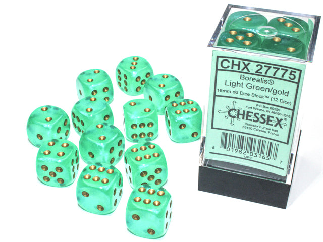Borealis: 16mm d6 Light Green/gold Luminary Dice Block (12 dice) from Chessex image 1
