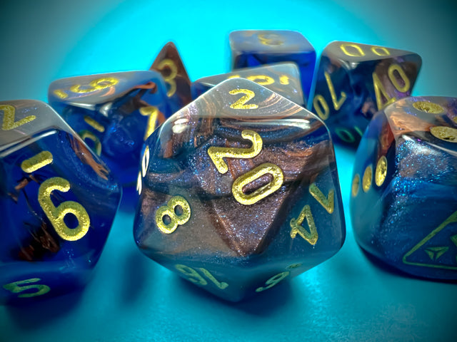 Lab Dice 6 Lustrous: Poly Azurite/gold 7-Die Set (with bonus die) from Chessex image 4