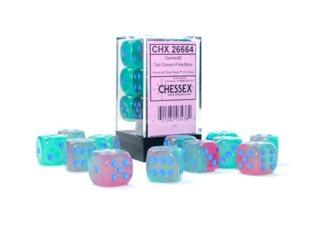 Gemini: 16mm d6 Gel Green-Pink/blue Luminary Dice Block (12 dice) from Chessex image 1