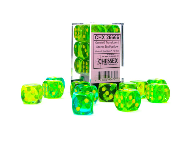 Gemini: 16mm d6 Translucent Green-Teal/yellow Dice Block (12 dice) from Chessex image 1