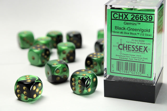 Gemini 4: 16mm D6 Black Green/Gold (12) from Chessex image 1