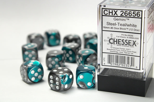 Gemini 6: 16mm D6 Steel Teal/White (12) from Chessex image 1