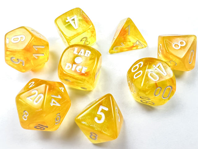 Lab Dice 6 Borealis: Poly Canary/white Luminary 7-Die Set (with bonus die) from Chessex image 5