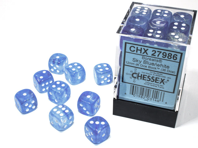 Borealis: 12mm d6 Sky Blue/white Luminary Dice Block (36 dice) from Chessex image 1